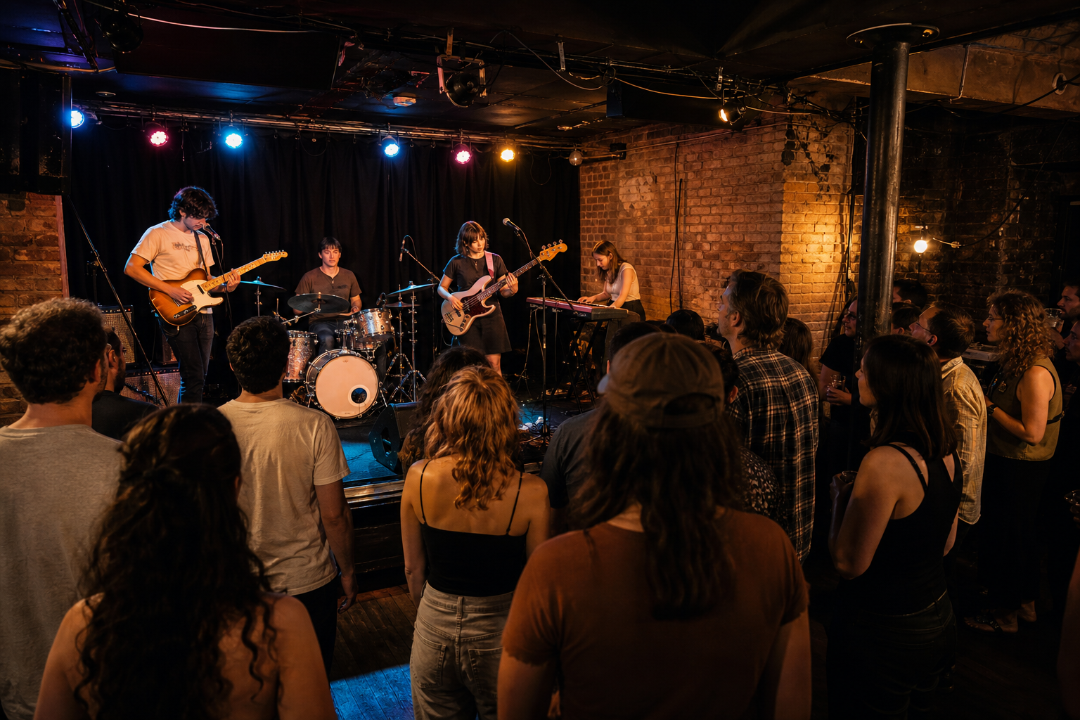 Editorial illustration of an anonymous all-male band playing to a club audience of men.