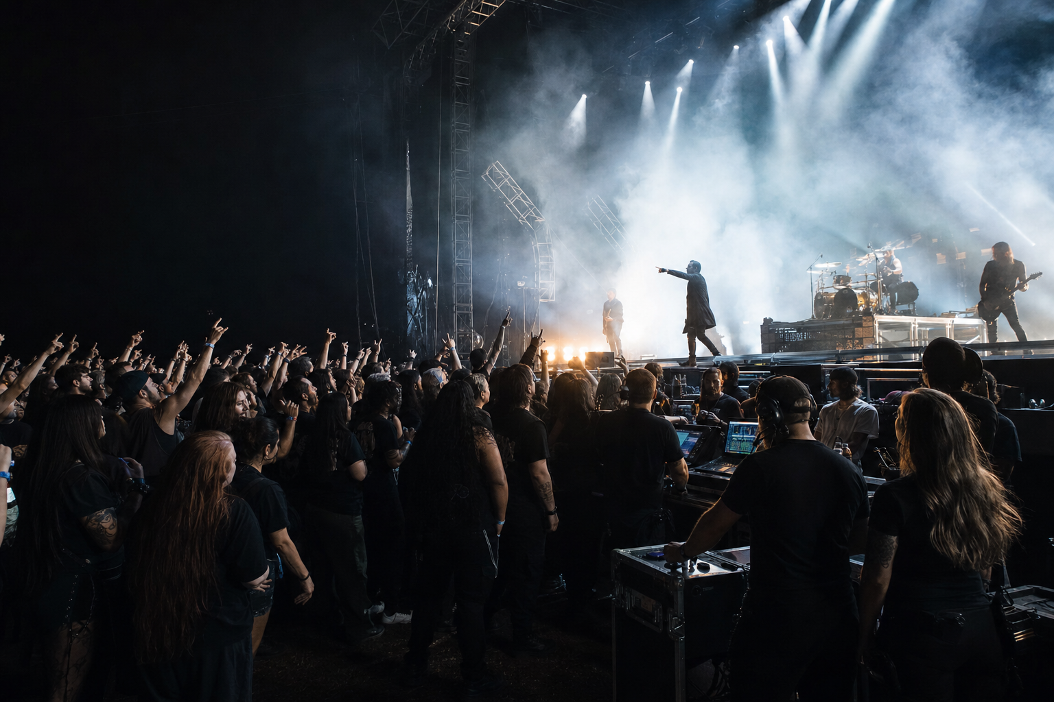 Editorial illustration of an anonymous all-male heavy rock band performing for an audience of men.