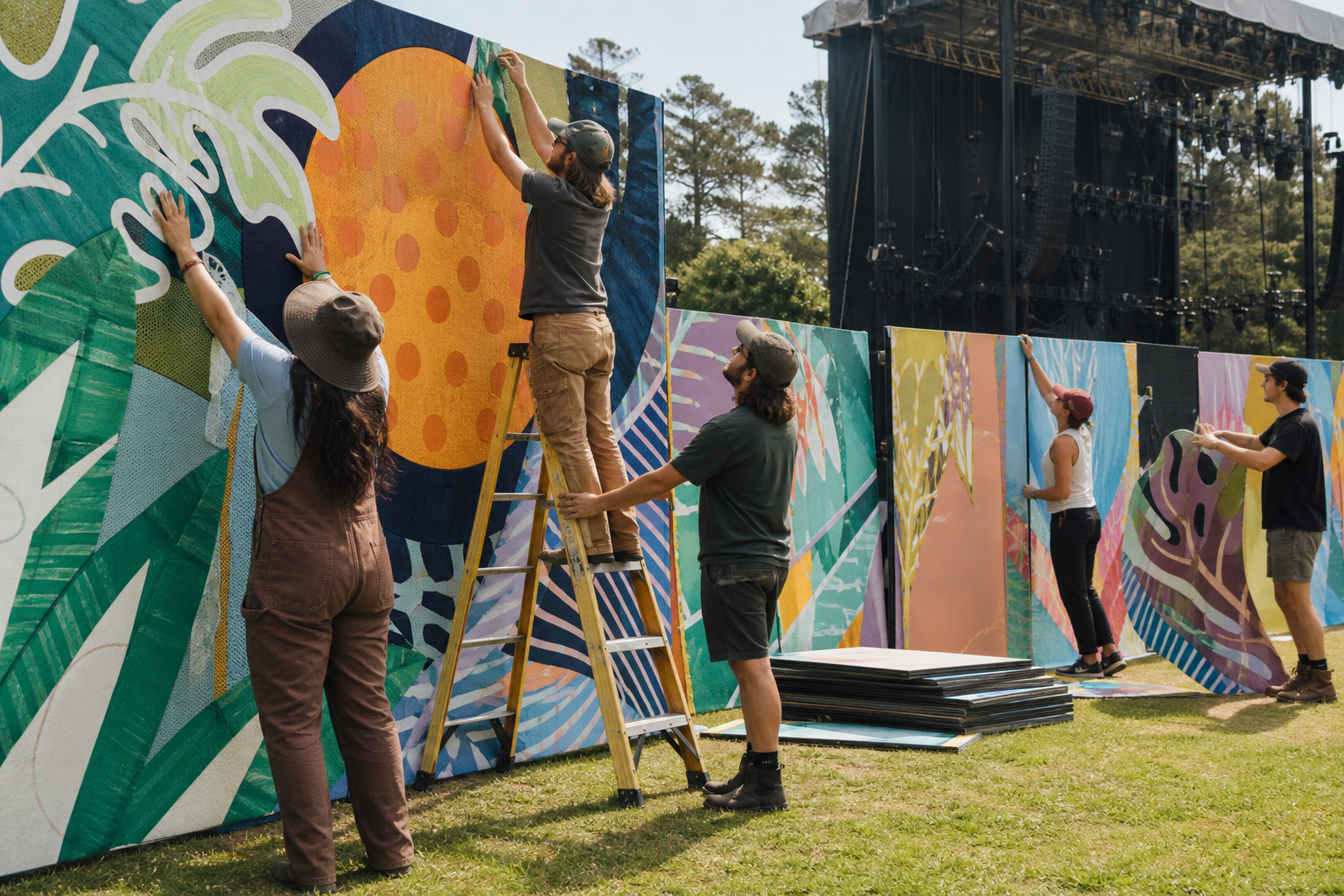 Male and female artists installing festival artwork beside an outdoor stage.