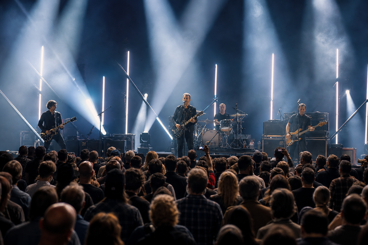 Editorial illustration of an anonymous all-male rock band performing under red arena lights.