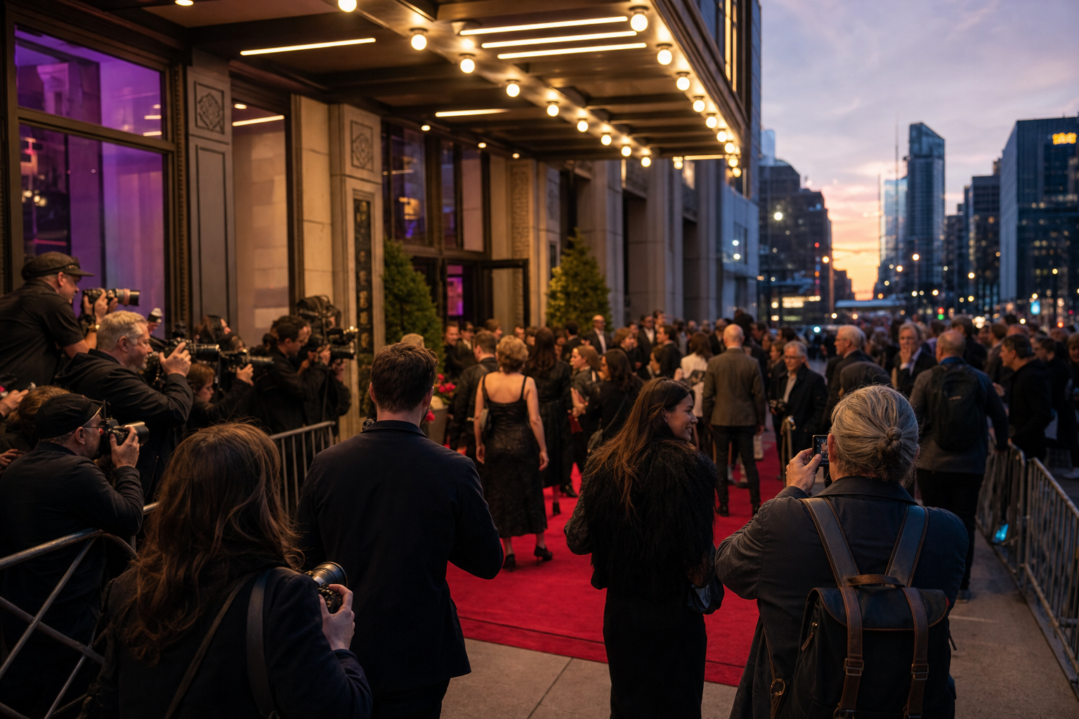 Filmmakers, photographers, and festivalgoers of varied ages gathering outside a downtown New York cinema at dusk.